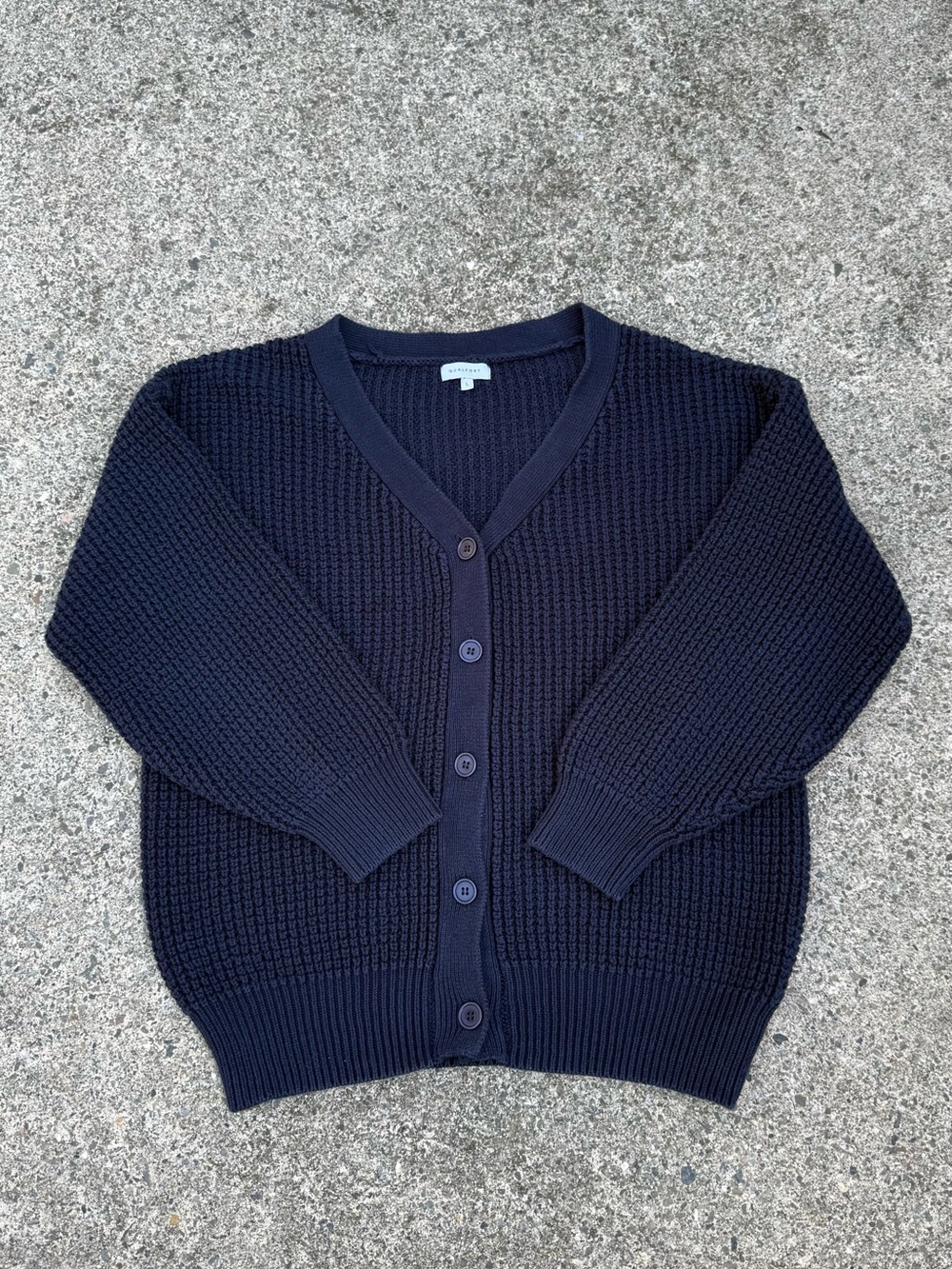 QUALFORT Navy Chunky Knit 100% Cotton V-Neck Button Cardigan – Size L